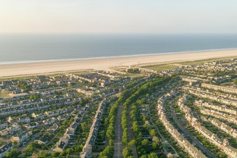Luchtfoto van Noordwijk met groene straten en de kust in de verte