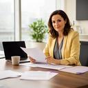Nadia Visser aan een bureau met zakelijke documenten