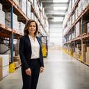 Sandra Bakker in een logistieke hal met magazijnstellingen